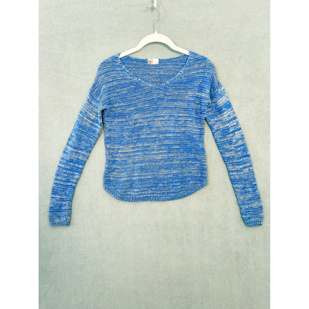 SO Heritage Blue White Space Dye Knit V-Neck Sweater Womens Small Long Sleeve